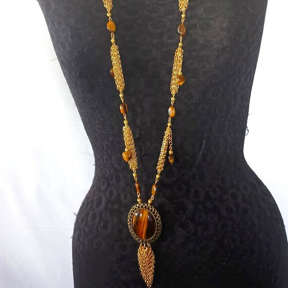 Ferrara Whiting and Davis Gold Ring Mesh Necklace with Tiger Eye - Picture 1 of 7